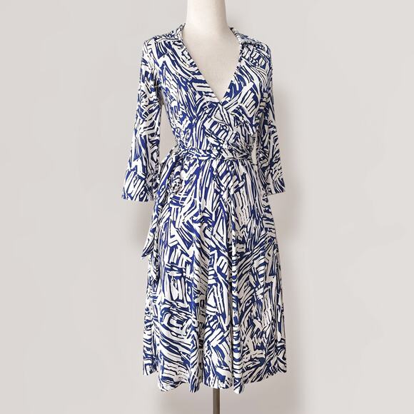 Vintage 70s Wrap Dress Midi M Navy Blue White Abstract Fit & Flare Made In USA - Picture 6 of 8